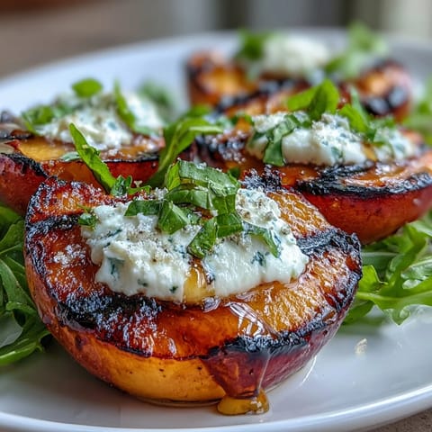 Juicy grilled peach and burrata salad drizzled with honey, perfect summer side dish.