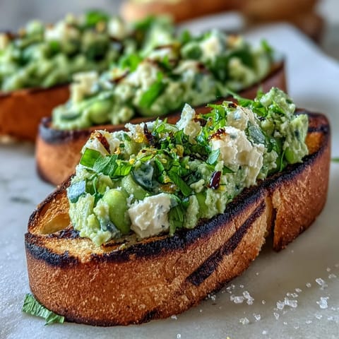 Creamy fava bean and mint spread served on smoky grilled sourdough bread for a fresh spring appetizer.