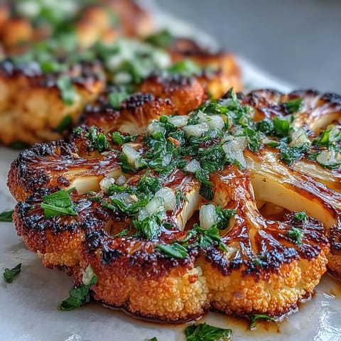 BBQ cauliflower steaks sizzle on the grill, infused with cumin and garlic, finished with zesty herb chimichurri.  