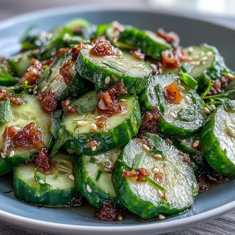 A vibrant smashed cucumber salad with garlic, chili, and sesame oil, garnished with fresh scallions and sesame seeds.