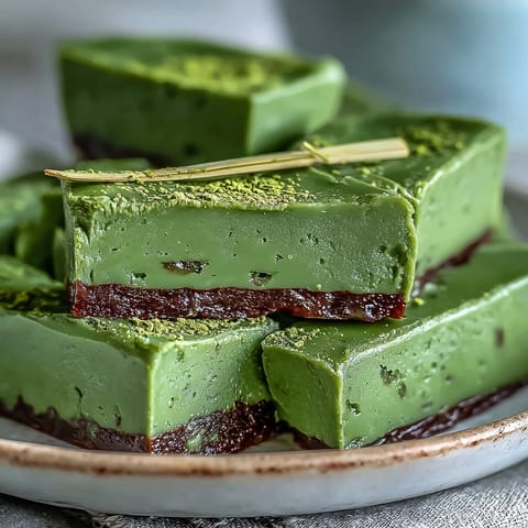 A slice of yokan Japanese red bean jelly with a vibrant matcha green tea layer, beautifully set in a rectangular mold.