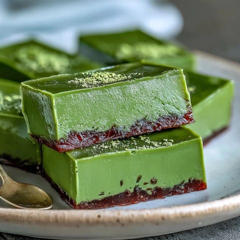 Layers of smooth red bean jelly and fragrant matcha jelly combine in this traditional Japanese yokan dessert, served chilled.