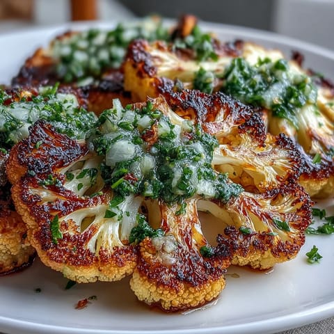 Grilled cauliflower steaks with smoky paprika, charred to perfection and topped with vibrant chimichurri sauce.  