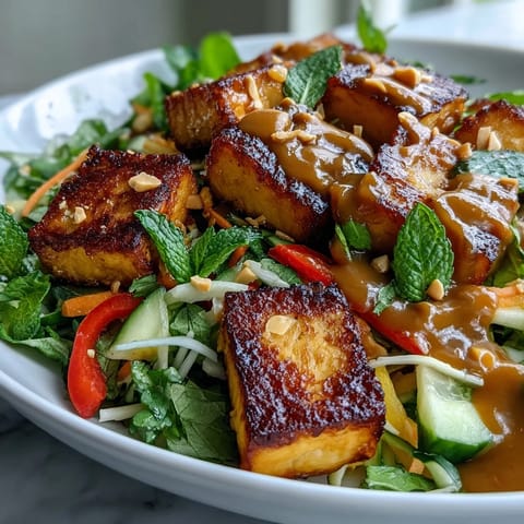 Thai Mango Salad with Crispy Tofu and Peanut Sauce in a white bowl, topped with golden tofu cubes and chopped peanuts, surrounded by fresh mango slices and herbs.