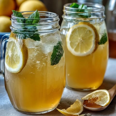 Sparkling Fermented Lemonade in a glass pitcher with fresh mint and lemon slices, naturally fizzy and probiotic-rich.  