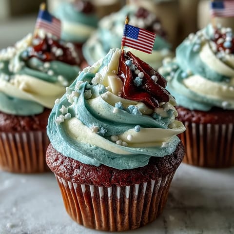 Star-Spangled Banner Cupcakes: Festive swirls of red, white, blue frosting and flag topper.