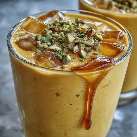 Creamy mango lassi smoothie with cardamom, ready to enjoy.