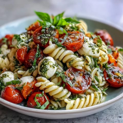 Fresh Caprese Pasta Salad with vibrant cherry tomatoes and creamy mozzarella pearls.