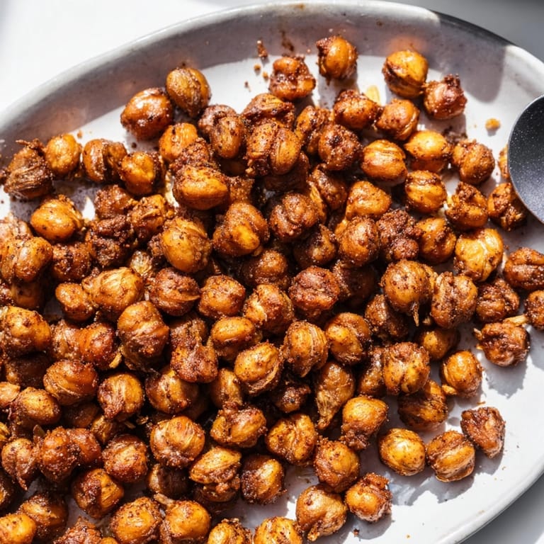 A close-up of the Spicy Roasted Chickpeas cooling; enjoy as a flavorful salad topping.