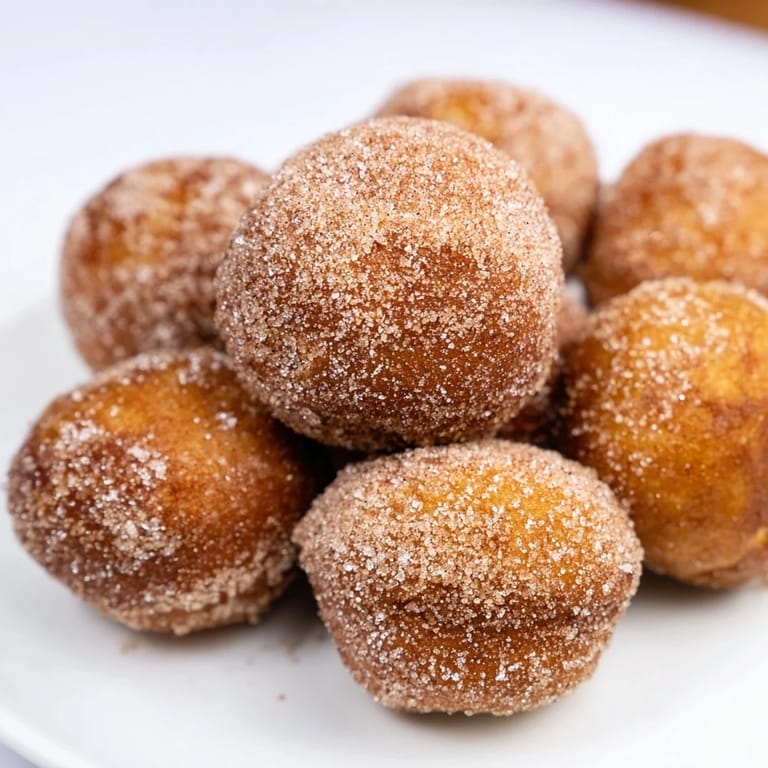 Pillowy donut holes coated in sweet cinnamon sugar, perfect for breakfast treats.  
