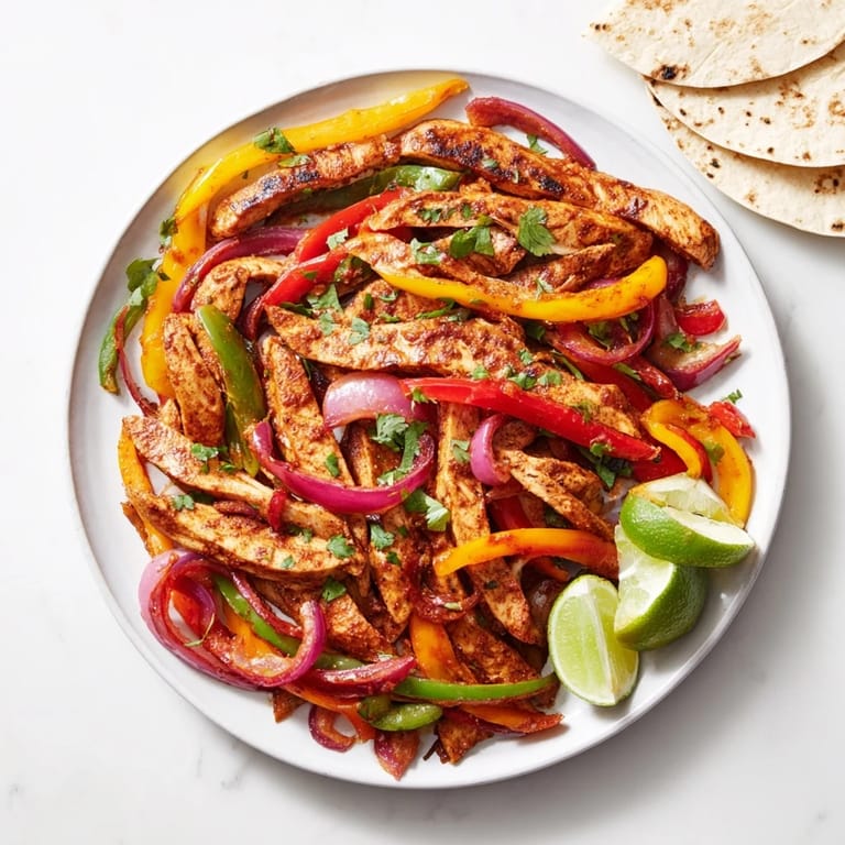 Juicy sheet pan chicken fajitas served sizzling with fresh cilantro and lime slices.
