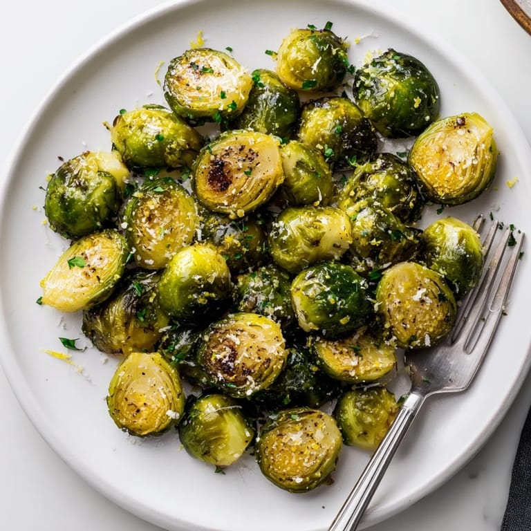 Savory Crispy Parmesan Brussels Sprouts garnished with parsley, deliciously crunchy and flavorful.