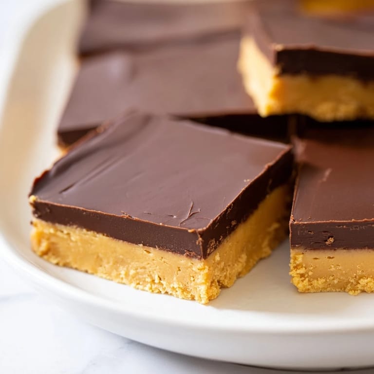 Indulgent no-bake chocolate peanut butter bars chilled for a delightful summer treat.  