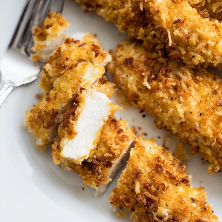 Succulent and crispy Crunchy Oven-Baked Chicken Tenders fresh from the oven on a platter.  