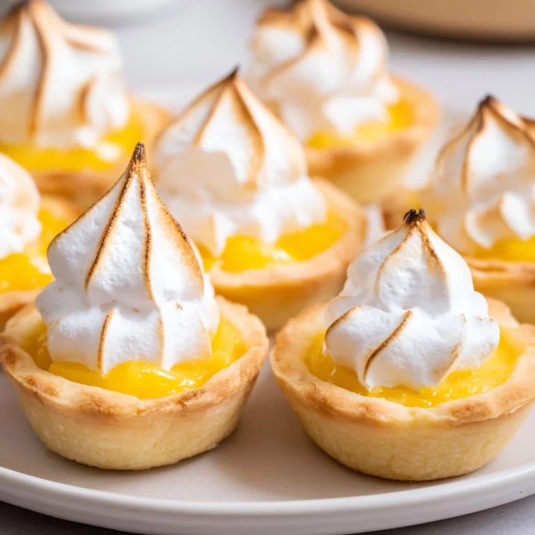 Delicious mini lemon meringue tarts showcasing tangy curd and golden whipped topping.