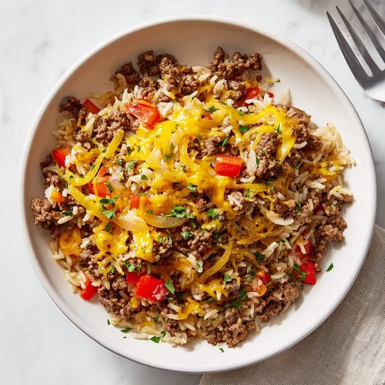 Delicious One-Pot Cheesy Beef and Rice served hot, perfect for family dinners.