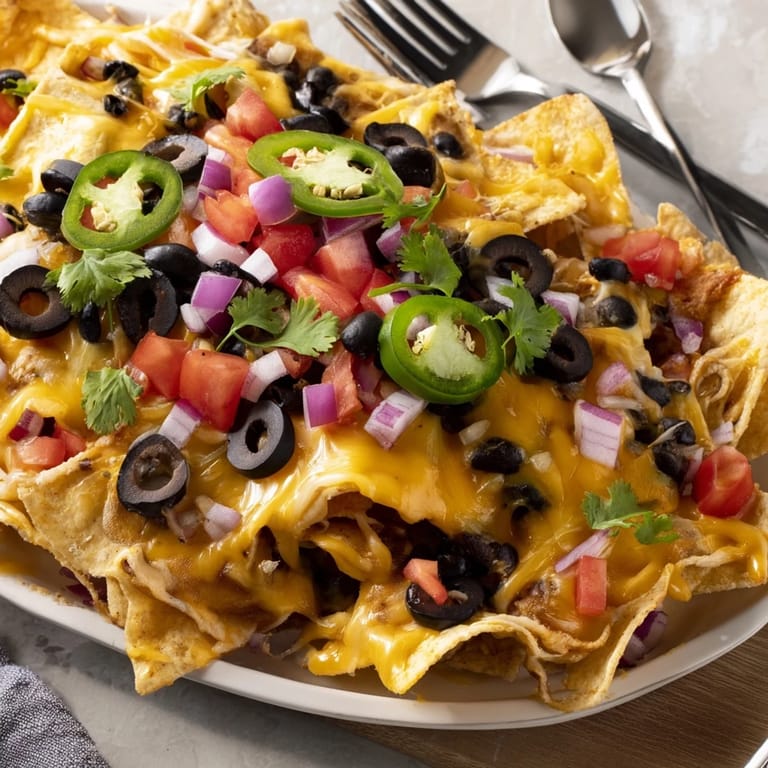 Melted cheese and jalapeños on a platter of tasty loaded nachos.  