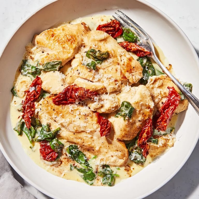 Delicious One-Pan Creamy Tuscan Chicken garnished with fresh basil and sun-dried tomatoes.