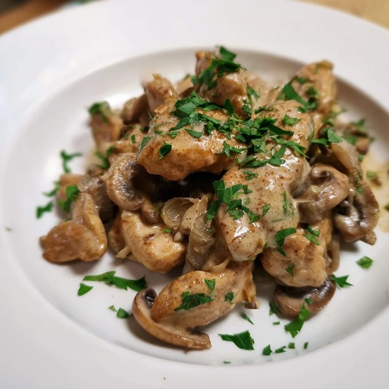 This creamy chicken stroganoff shows tender chicken pieces, ready to be served over fluffy egg noodles.