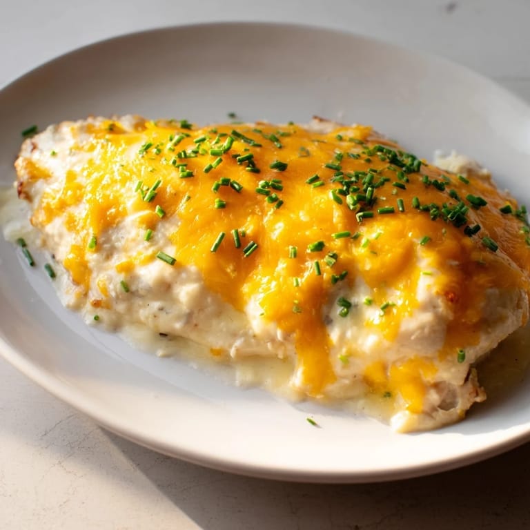 A close-up of a creamy Cheddar Ranch Chicken Bake, featuring melted cheese and tender chicken breasts.