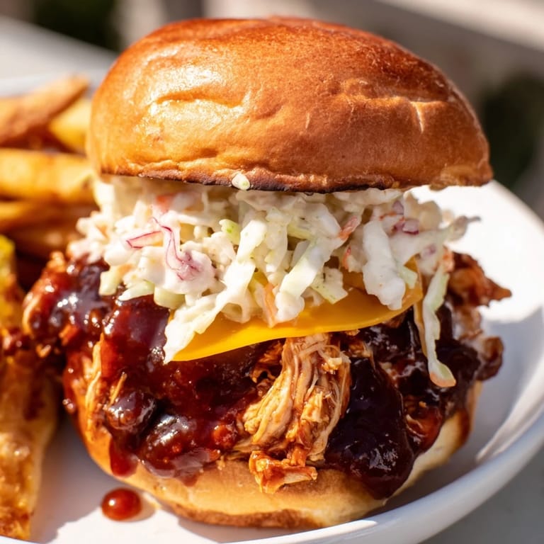 A close-up of delicious BBQ Chicken Sliders, bursting with juicy chicken, cheese, and coleslaw.