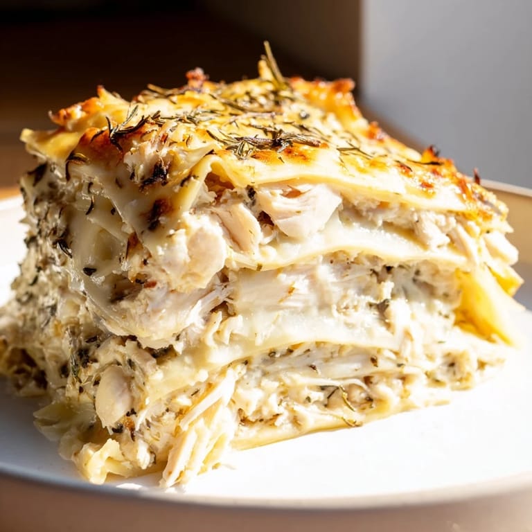 Cheesy, flavorful layers of Rosemary Chicken Lasagna, with steam rising from a hot pan for a delectable dinner.