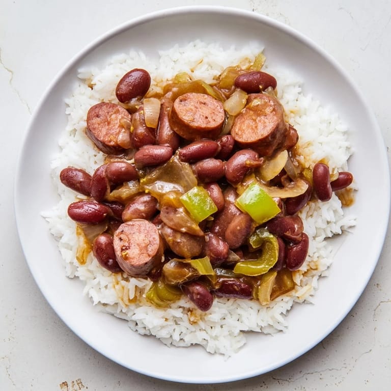 A hearty bowl of red beans and rice, showcasing creamy beans and smoky sausage, perfect for dinner.