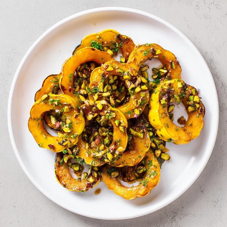 Golden brown baked delicata squash rings, seasoned, ready to serve as a side dish or appetizer.