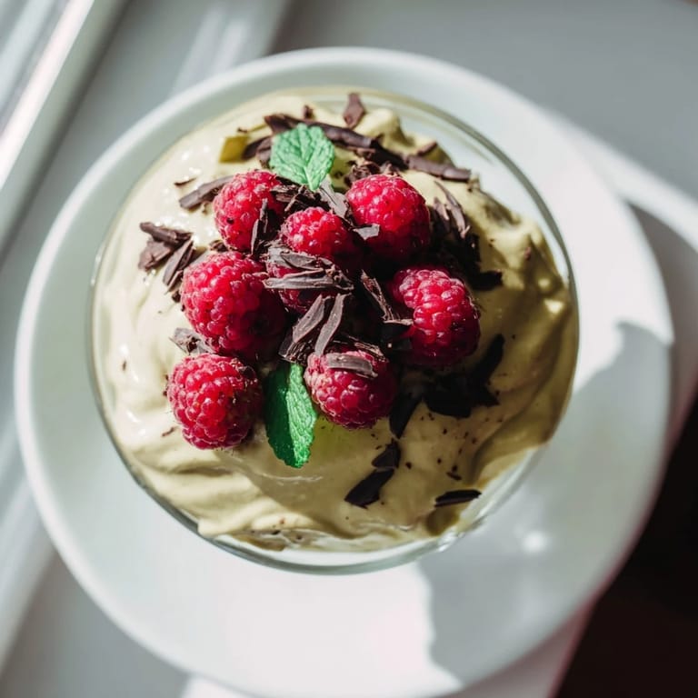 Decadent avocado chocolate mousse in a glass, with fresh raspberries offering a beautiful color contrast.