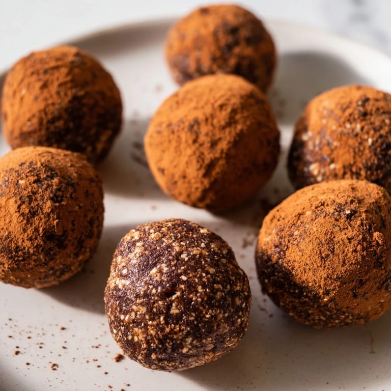A close-up reveals deeply colored Date & Walnut Truffles ready for a guilt-free treat.