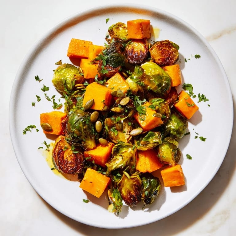 Golden-roasted Brussels sprouts and butternut squash, tossed in tangy orange dressing, ready to enjoy.
