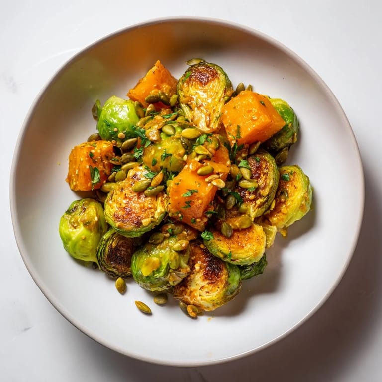 A close-up of delicious Roasted Brussels Sprouts & Butternut Squash, coated in flavorful, bright dressing.
