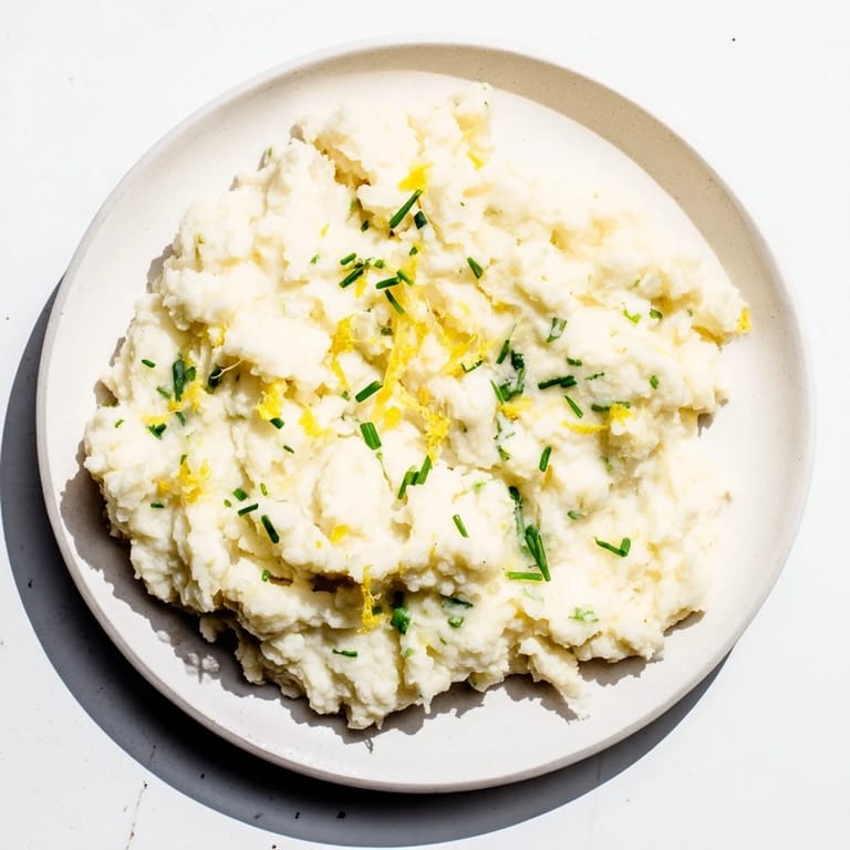 Fluffy and smooth, this cauliflower mash recipe offers garlic and lemon flavors, delicious.