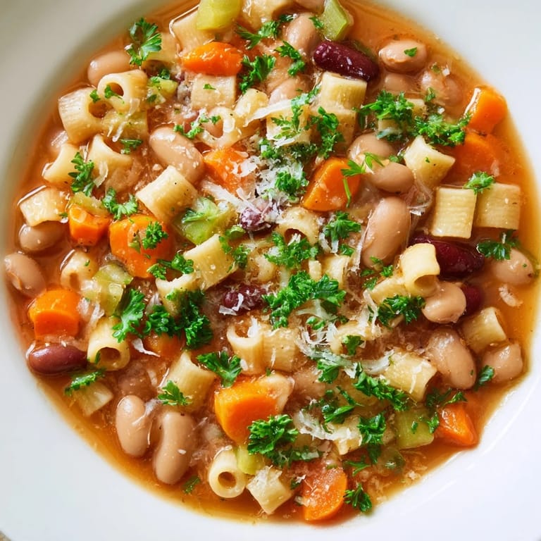 Close-up of Pasta e Fagioli, showcasing tender pasta and creamy beans, a perfect vegetarian meal.