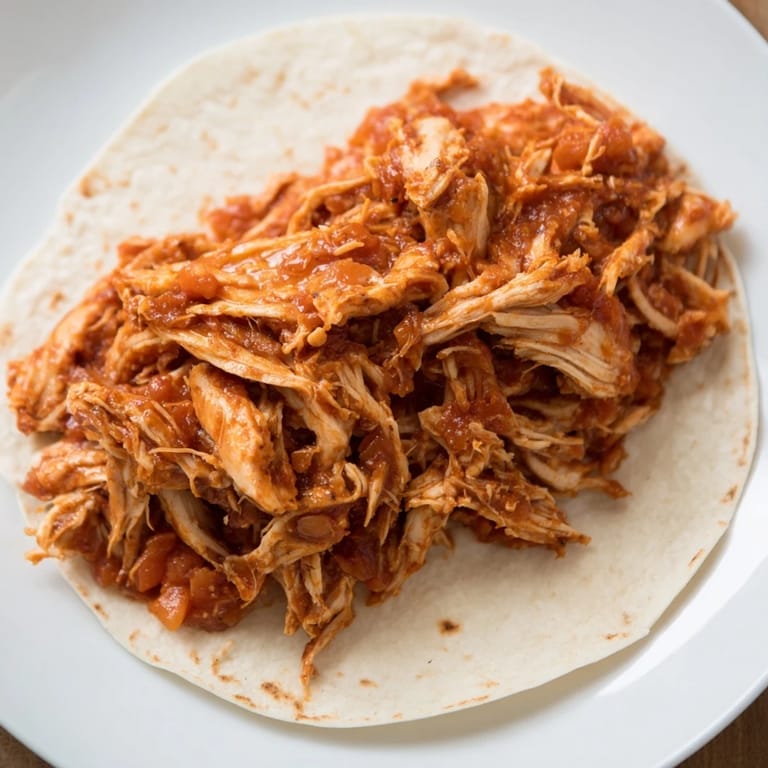 Close-up of tender, falling-apart Crock-Pot shredded chicken tacos, a delicious family-friendly meal.