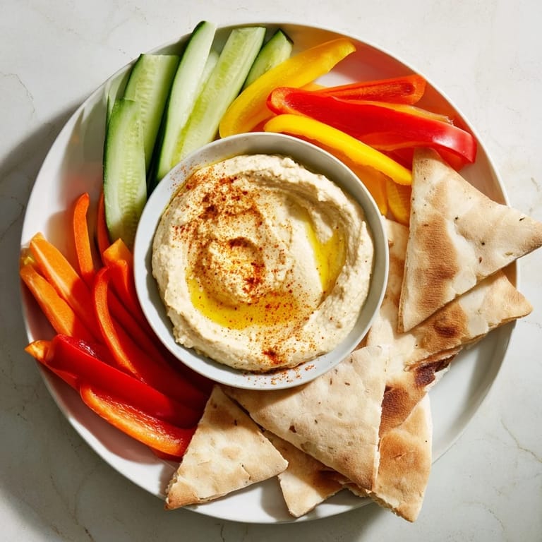 Enjoy this simple recipe for DIY hummus, served alongside fluffy pita and colorful veggie sticks.