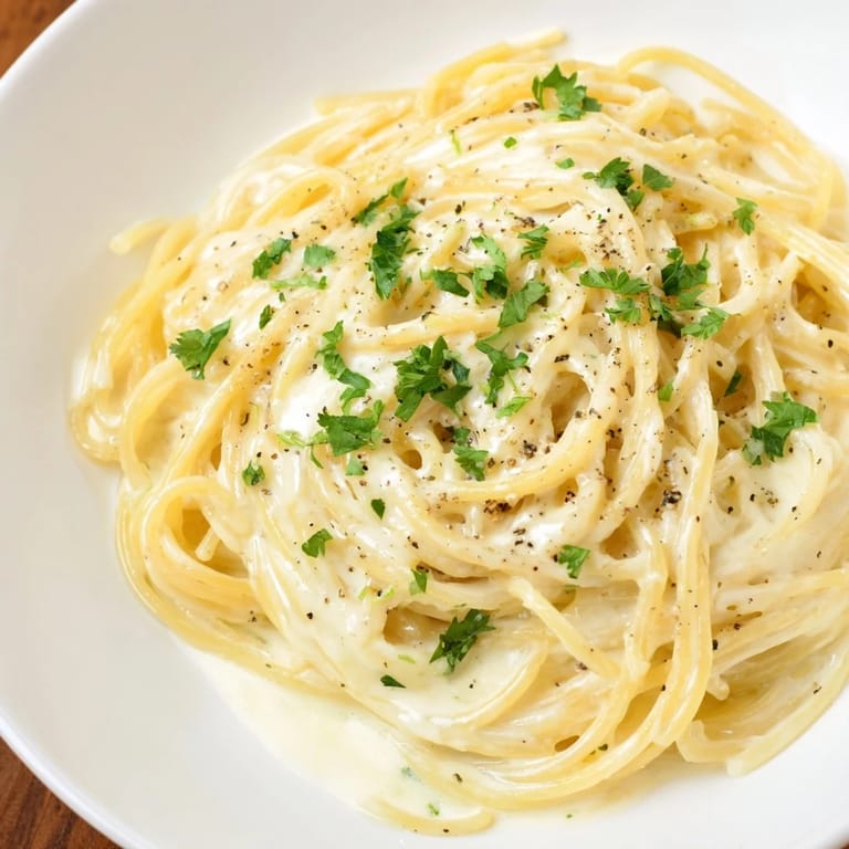 A comforting bowl of freshly made Creamy Three-Cheese Spaghetti, garnished with parsley for a flavorful dinner.
