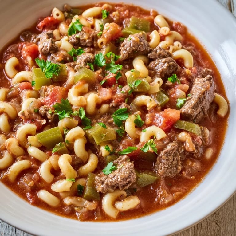 Warm, appetizing goulash ready to serve; imagine the savory aroma of beef, spices, and pasta.