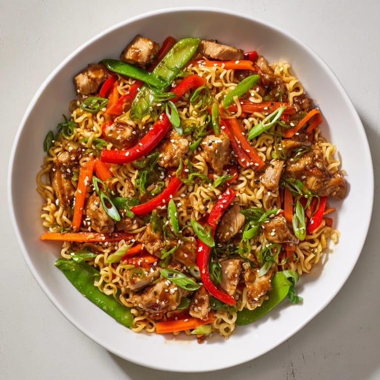 A close-up of delicious Sheet-Pan Crispy Ramen with chicken: browned noodles, glazed vegetables, and herbs.