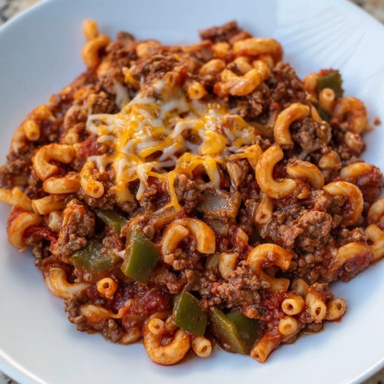 A close-up of a flavorful Hamburger Casserole, with a generous cheese topping, making mouths water.