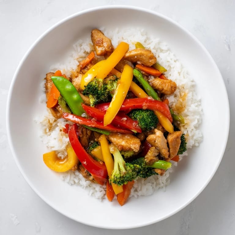 A steaming bowl of chicken stir-fry shows juicy chicken and crisp vegetables over rice.