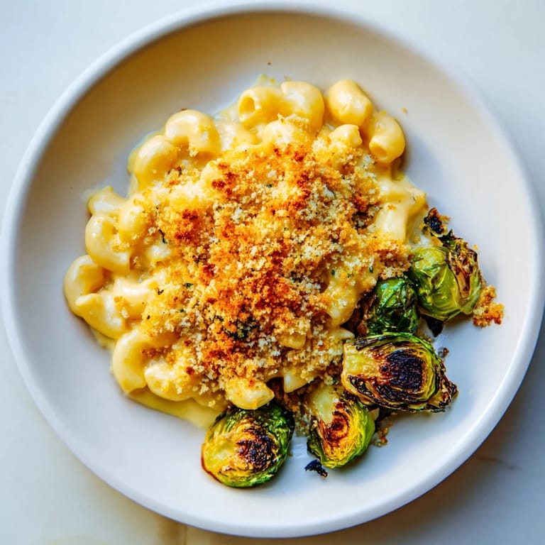 A bubbly sheet pan mac and cheese, creamy and cheesy, alongside crispy, caramelized Brussels sprouts.