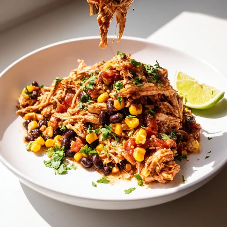 Juicy slow cooker salsa chicken with corn and beans, ready for a delicious burrito bowl.