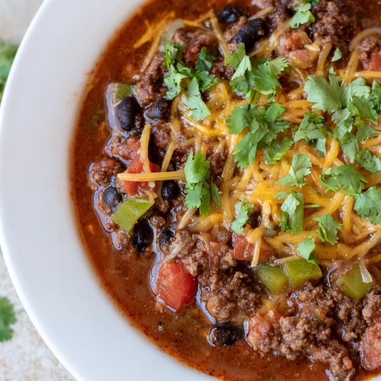 Delicious, smoky quick chili with canned beans, rich in color, ready to spoon into bowls.
