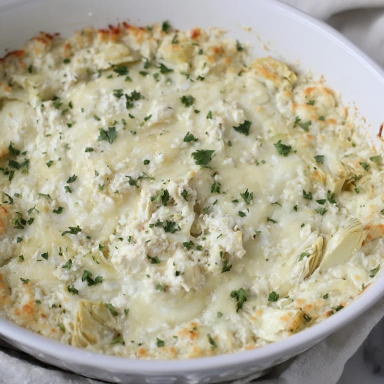 Golden-brown baked artichoke dip, featuring melted mozzarella, served with crisp crackers.