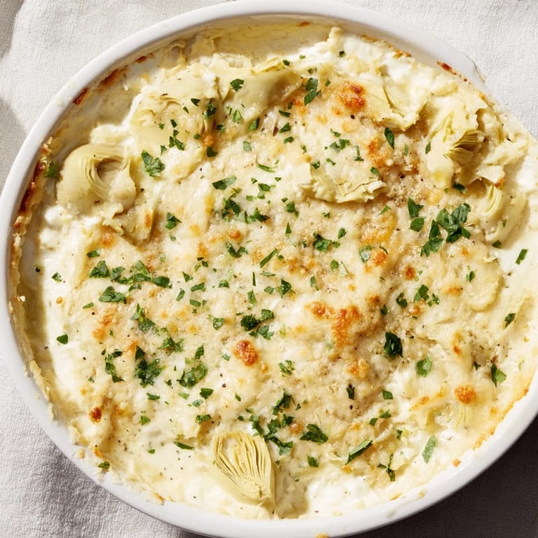 A close-up of savory baked artichoke dip, perfect for parties and easy entertaining.