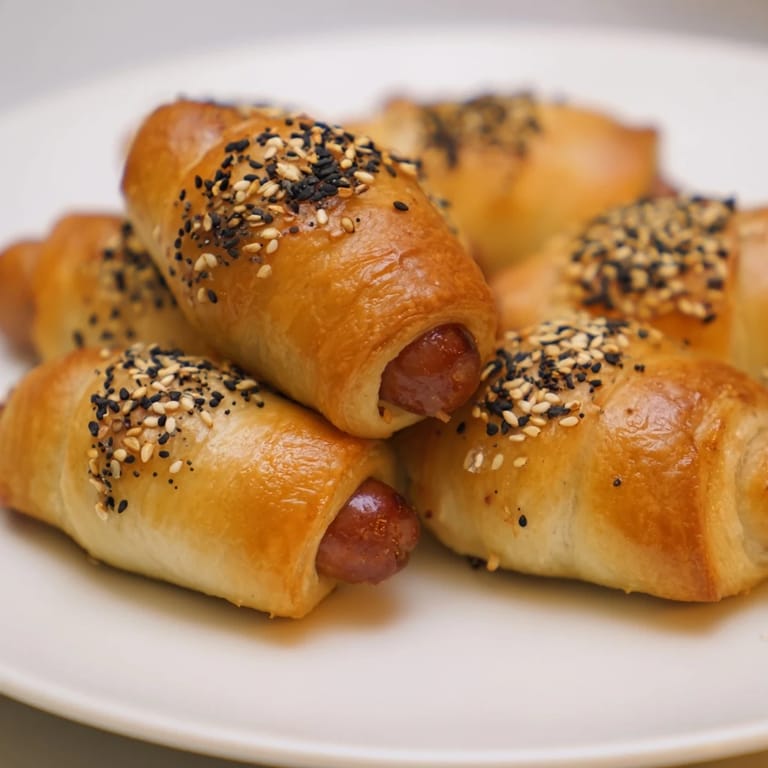 Perfectly baked Everything Bagel Pigs in a Blanket, a simple appetizer with savory sausages.
