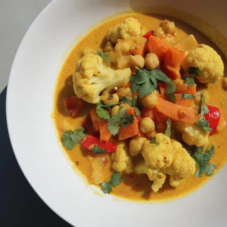 Creamy curried cauliflower and chickpea stew with vibrant red bell peppers, perfect for a vegan meal.