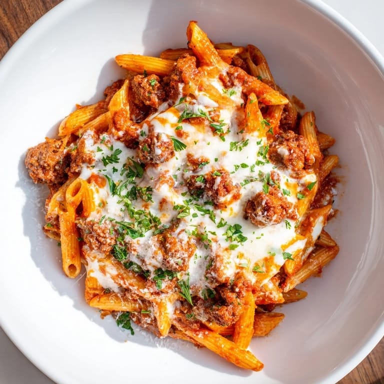 This delicious Budget Sausage and Cheese Pasta Bake features melted cheese, a rich tomato sauce, pasta.