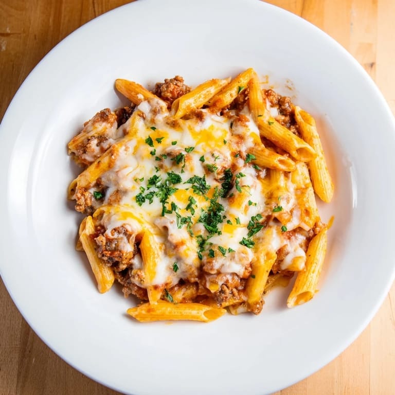 Steam rises from this family-friendly Budget Sausage and Cheese Pasta Bake, ready for a hearty dinner.